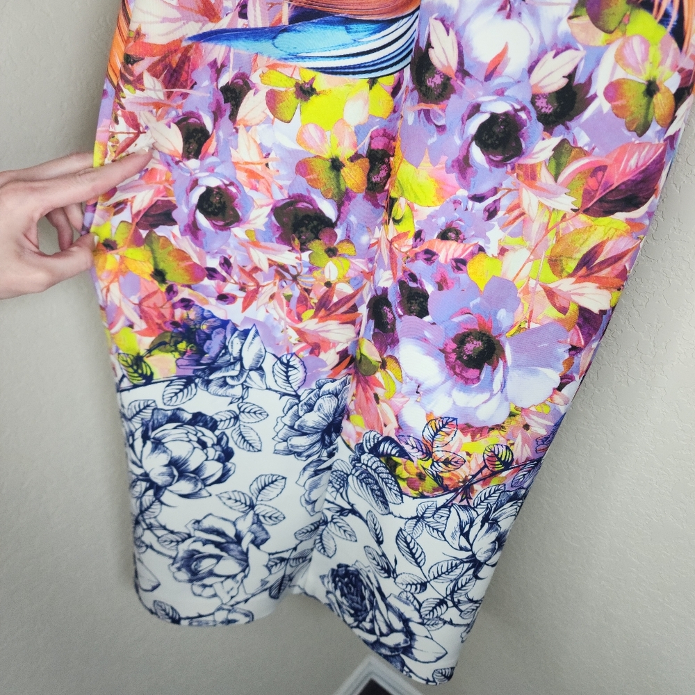 Clover Canyon Floral Bird Print Waist Cutout Midi Dress Blue Orange Size Small - Picture 9 of 15